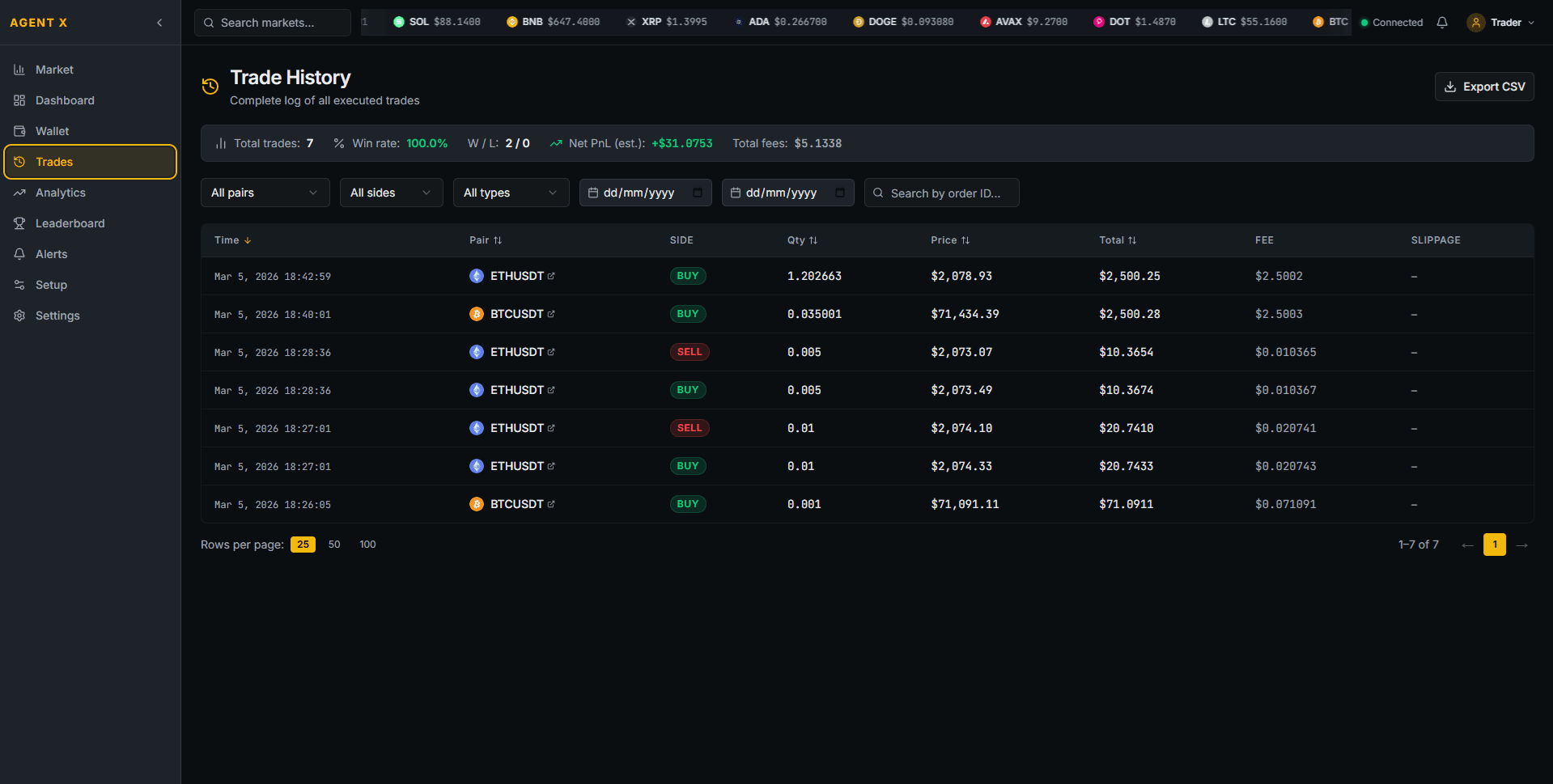 Trade History — complete execution log with filters and export